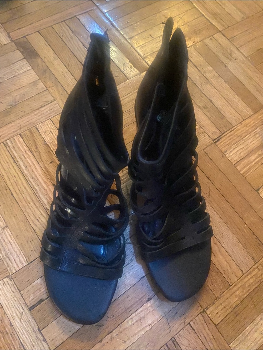 Real leather Black Strappy Women's Heeled Sandals